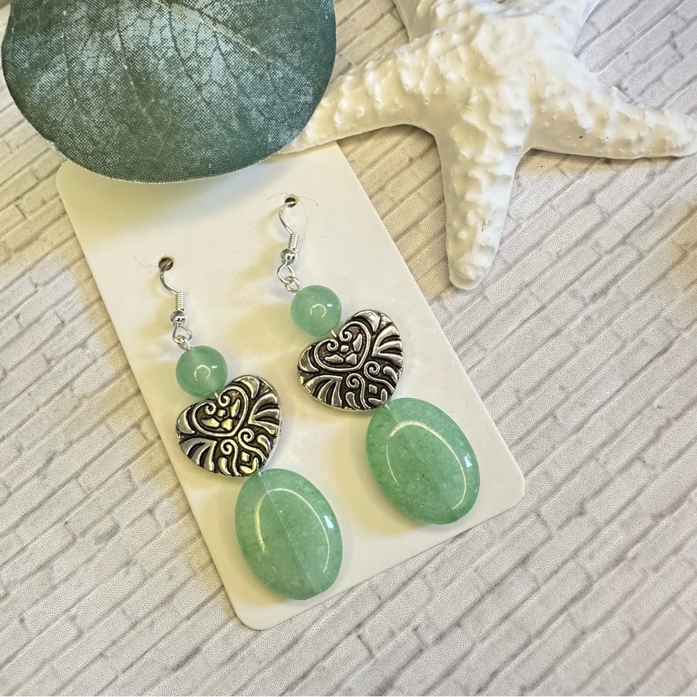 3/$25 Silver Earrings - Heart, Jade Beads